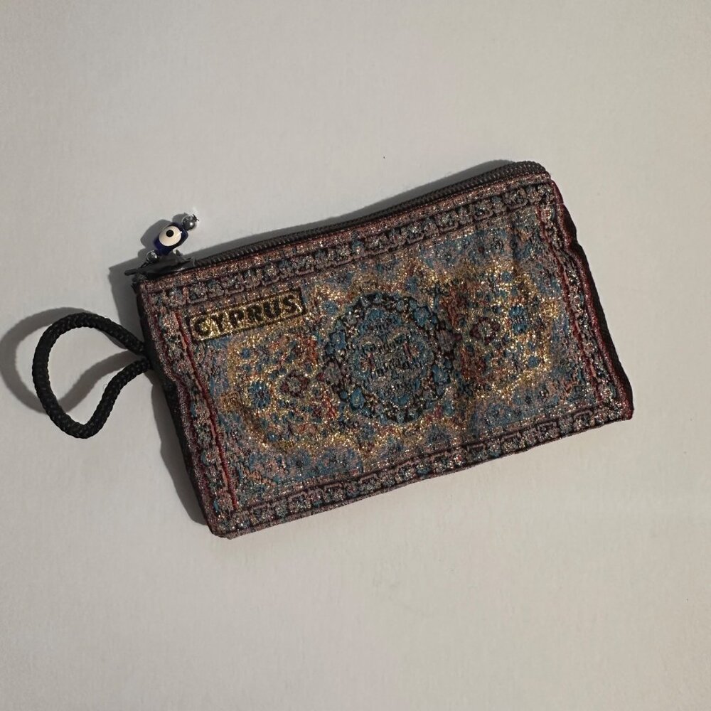 Cyprus Tapestry-Inspired Coin Purse With Evil Eye Zipper Pull & Wrist Strap